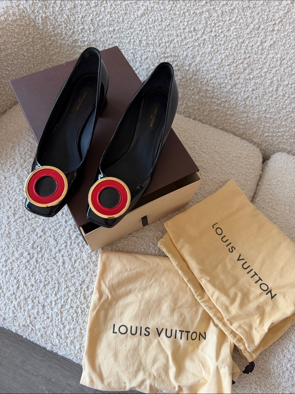 Louis Vuitton Black Patent Heels with Red and Gold Toe Medallions